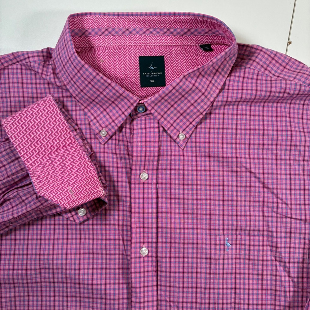 Tailorbyrd‎ Button Down Shirt 5XL Pink Plaid Long Sleeve Oxford Flip Cuff